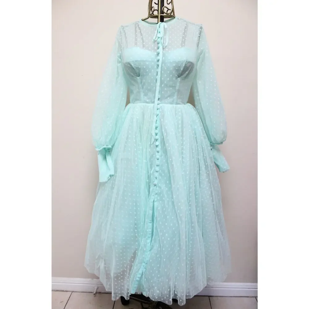 Teuta Matoshi Mint Green Swiss Dot Tulle Dress Size 12 - Picture 2 of 7